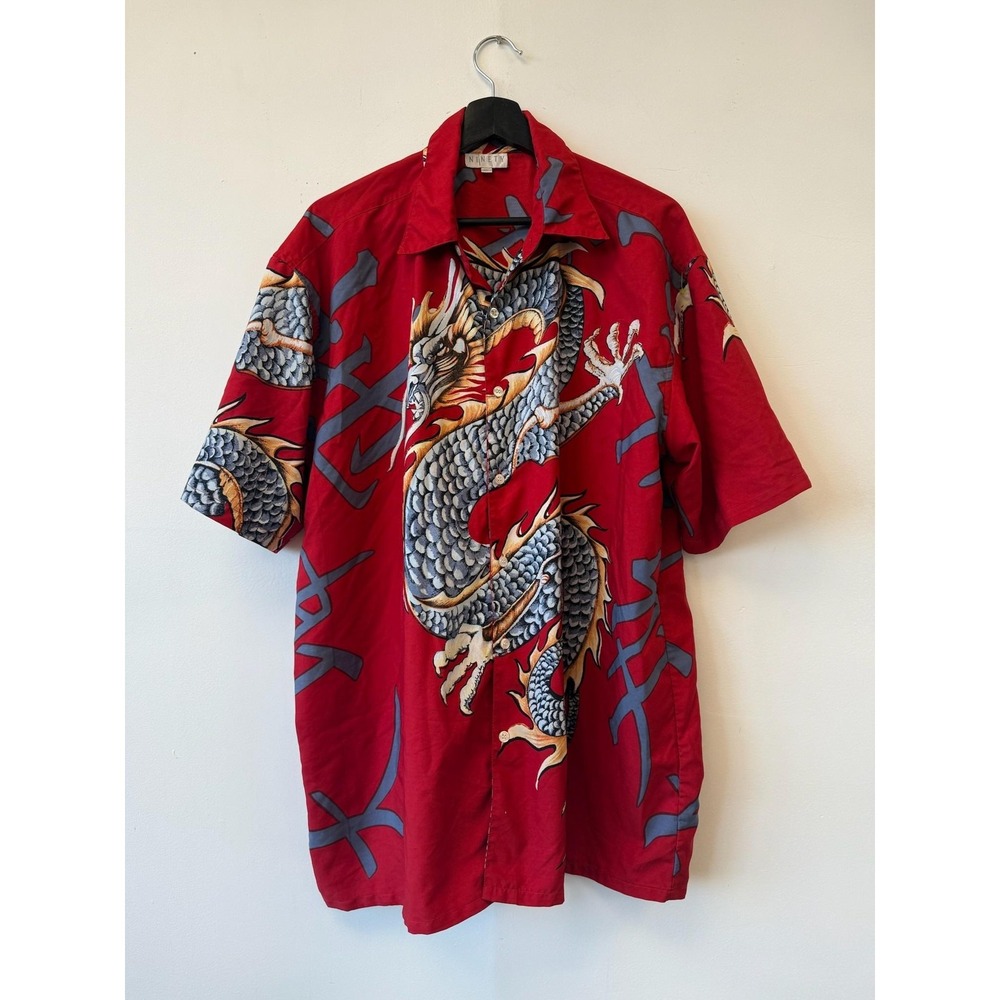 Vintage NINETY Dragon Shirt Large Red Print Button Up‎ Short Sleeve Aloha Camp